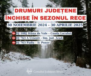 Circulație rutieră închisă pe drumuri județene în timpul sezonului rece