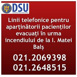 DSU: Două linii telefonice pentru rudele pacienților evacuați de la Institutul Matei Balș